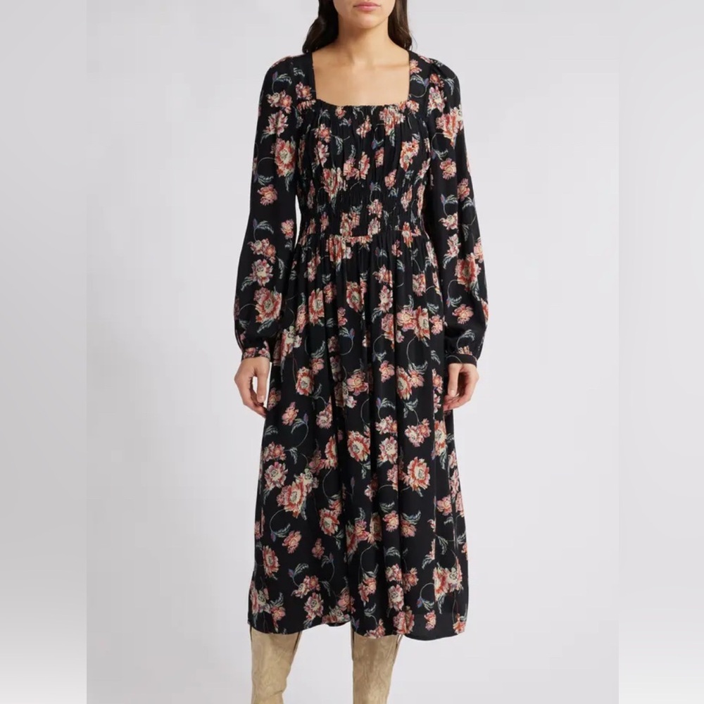 Treasure & Bond Floral Long Sleeve Midi Dress Square Neck - Stretchy Boho!
